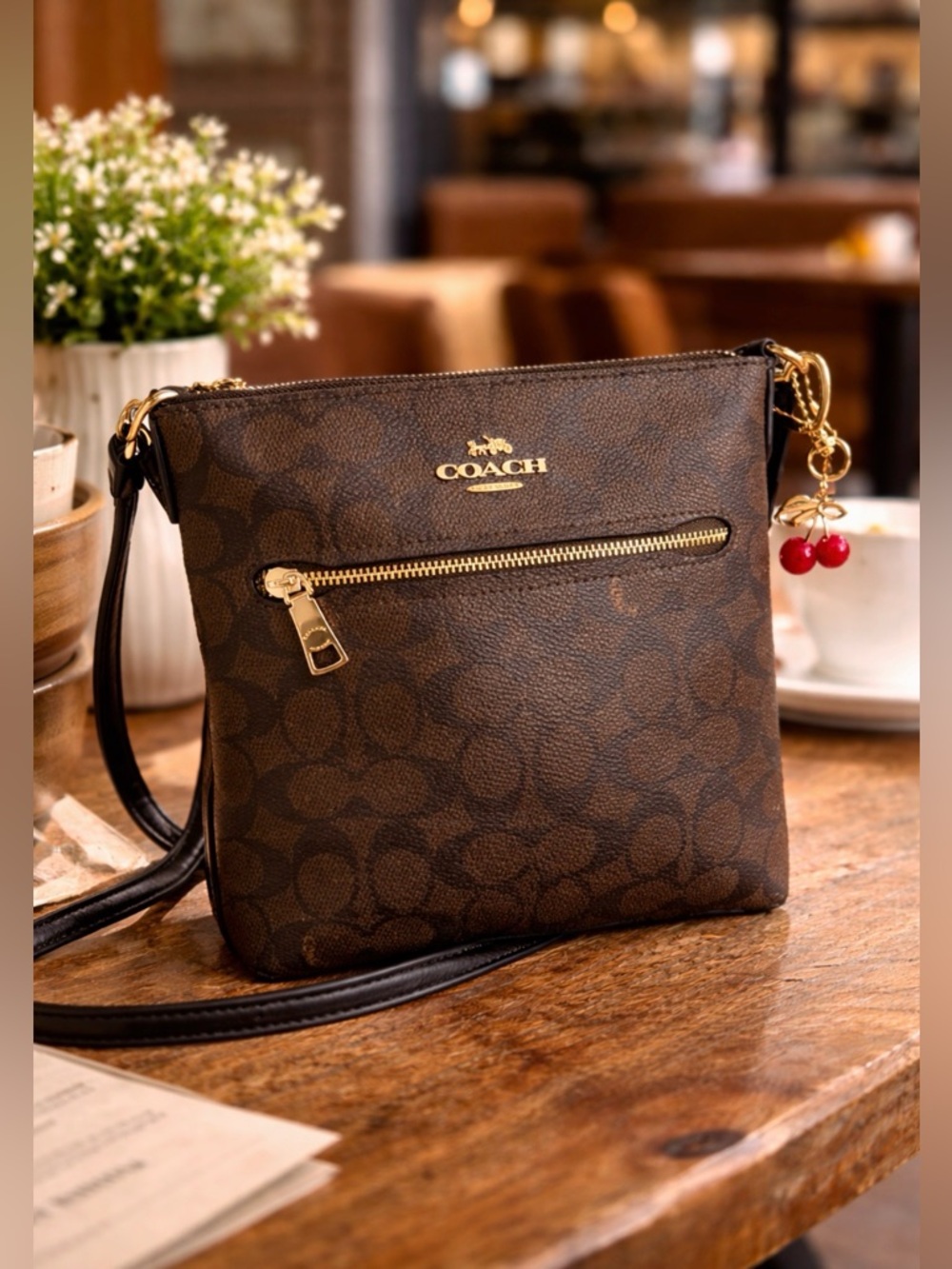 Coach Brown Signature Crossbody with Cherry Charm - Picture 13 of 16